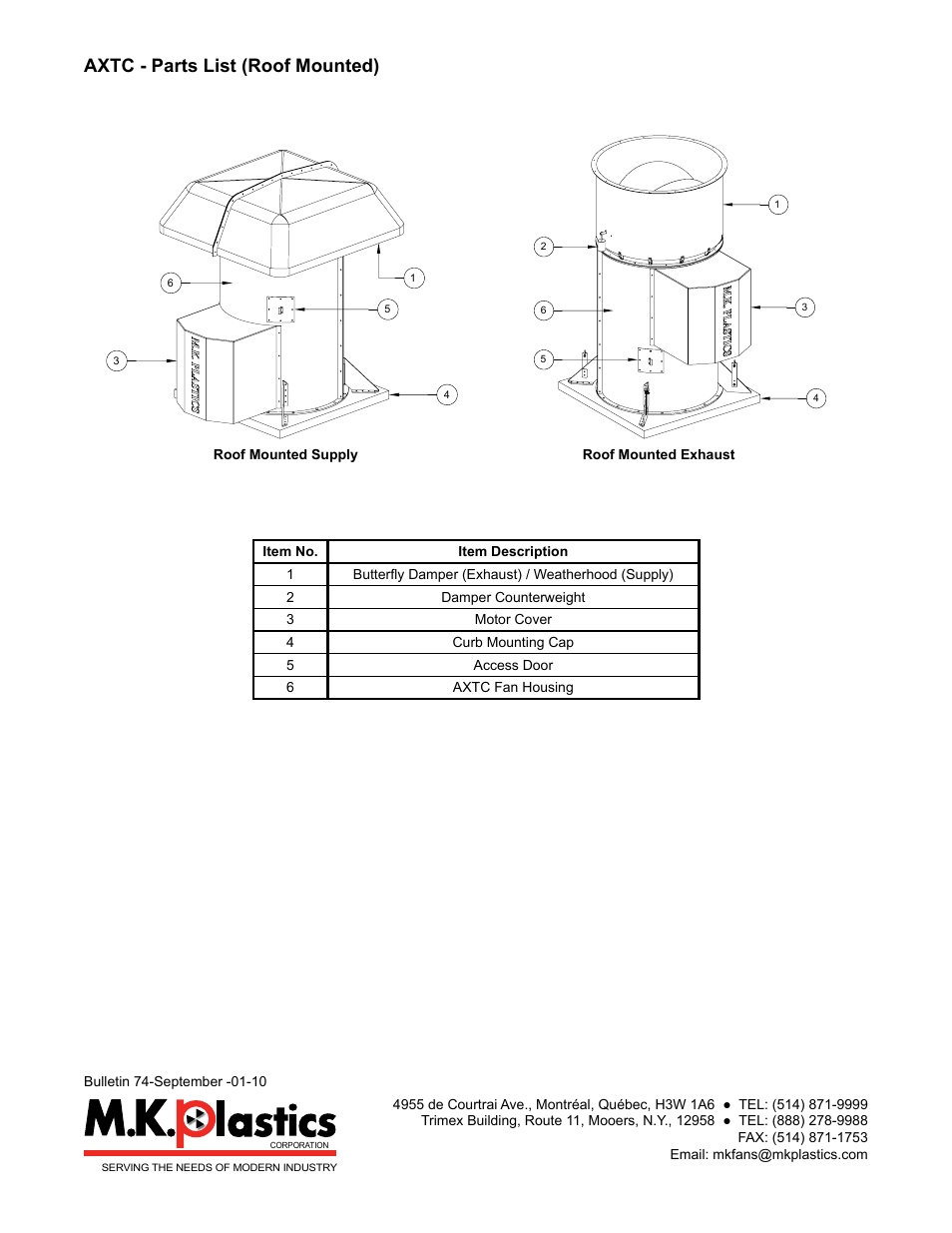 Axtc - parts list (roof mounted) | MK Plastics AXTC Centrifugal Inline Fan IO&M User Manual | Page 10 / 10