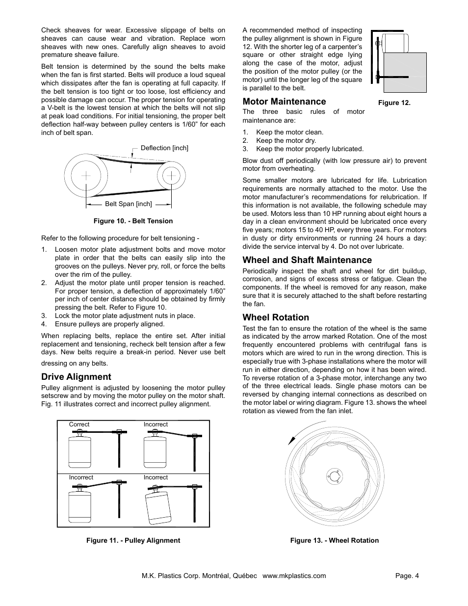 Motor maintenance, Wheel and shaft maintenance, Wheel rotation | Drive alignment | MK Plastics AXTC Centrifugal Inline Fan IO&M User Manual | Page 4 / 10