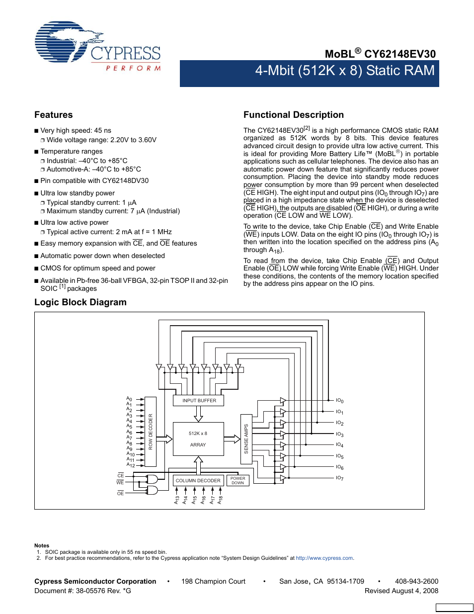 Cypress CY62148EV30 User Manual | 12 pages