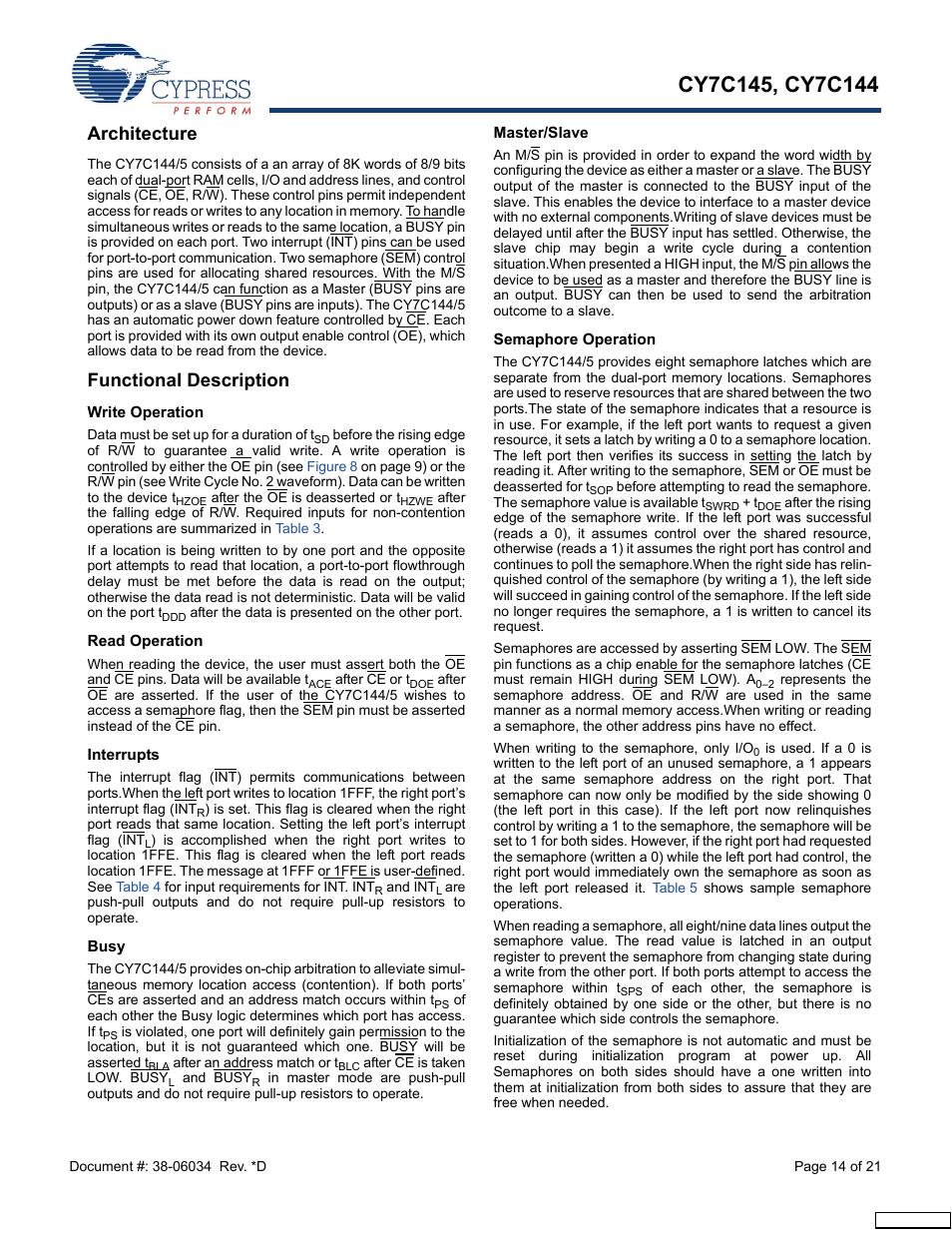 Architecture, Functional description, Write operation | Read operation, Interrupts, Busy, Master/slave, Semaphore operation | Cypress CY7C145 User Manual | Page 14 / 21