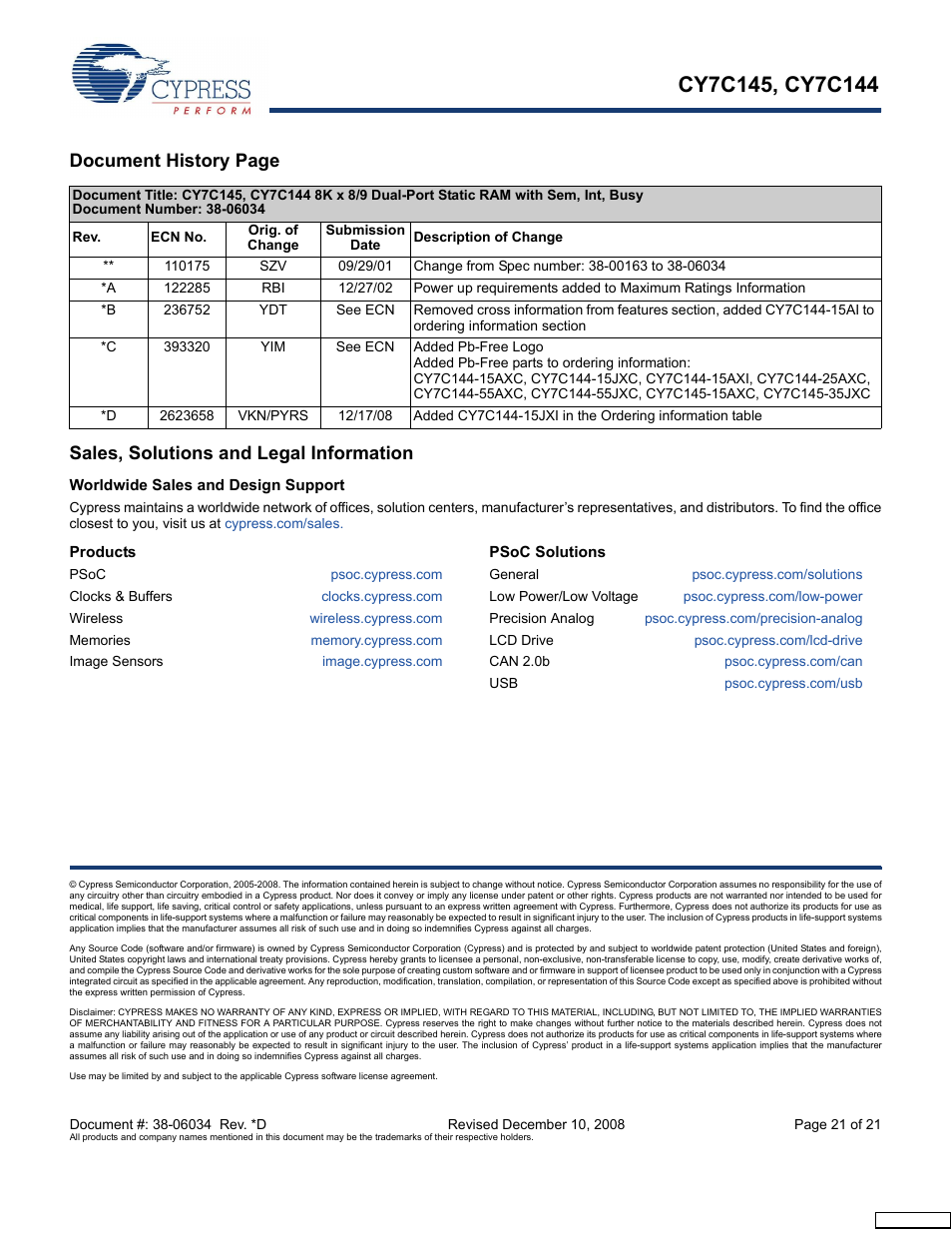 Sales, solutions and legal information, Worldwide sales and design support, Products | Psoc solutions | Cypress CY7C145 User Manual | Page 21 / 21