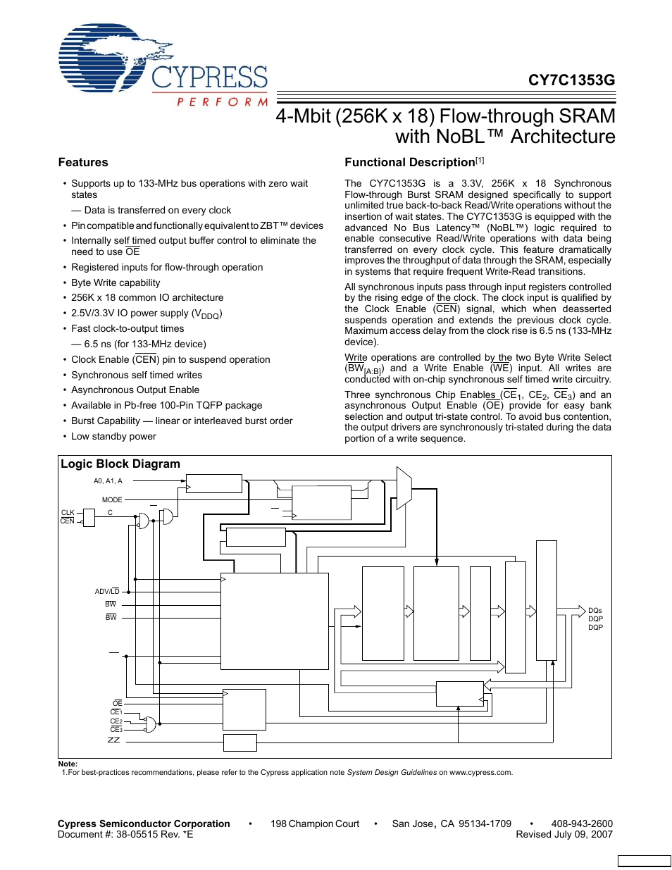 Cypress CY7C1353G User Manual | 13 pages