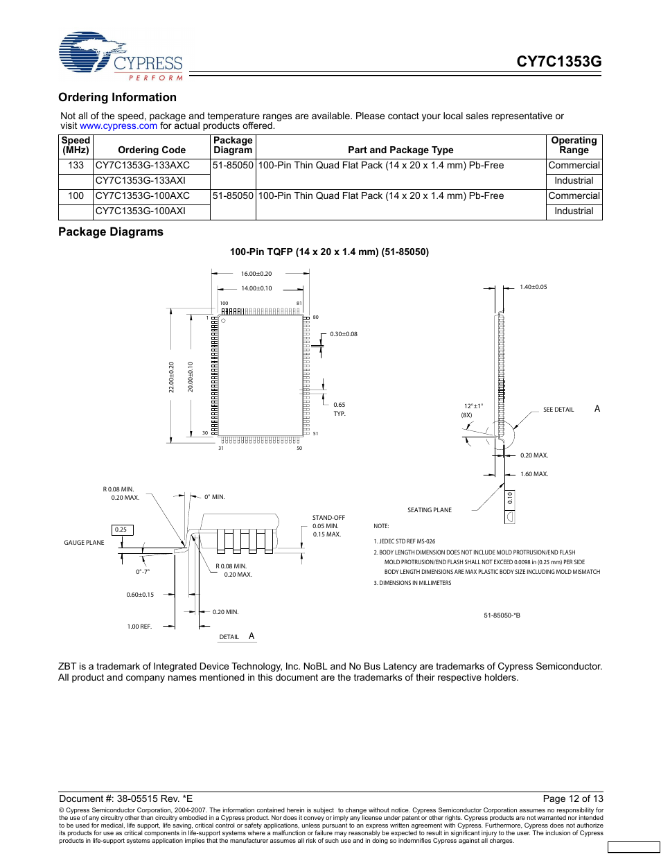 Ordering information, Package diagrams | Cypress CY7C1353G User Manual | Page 12 / 13