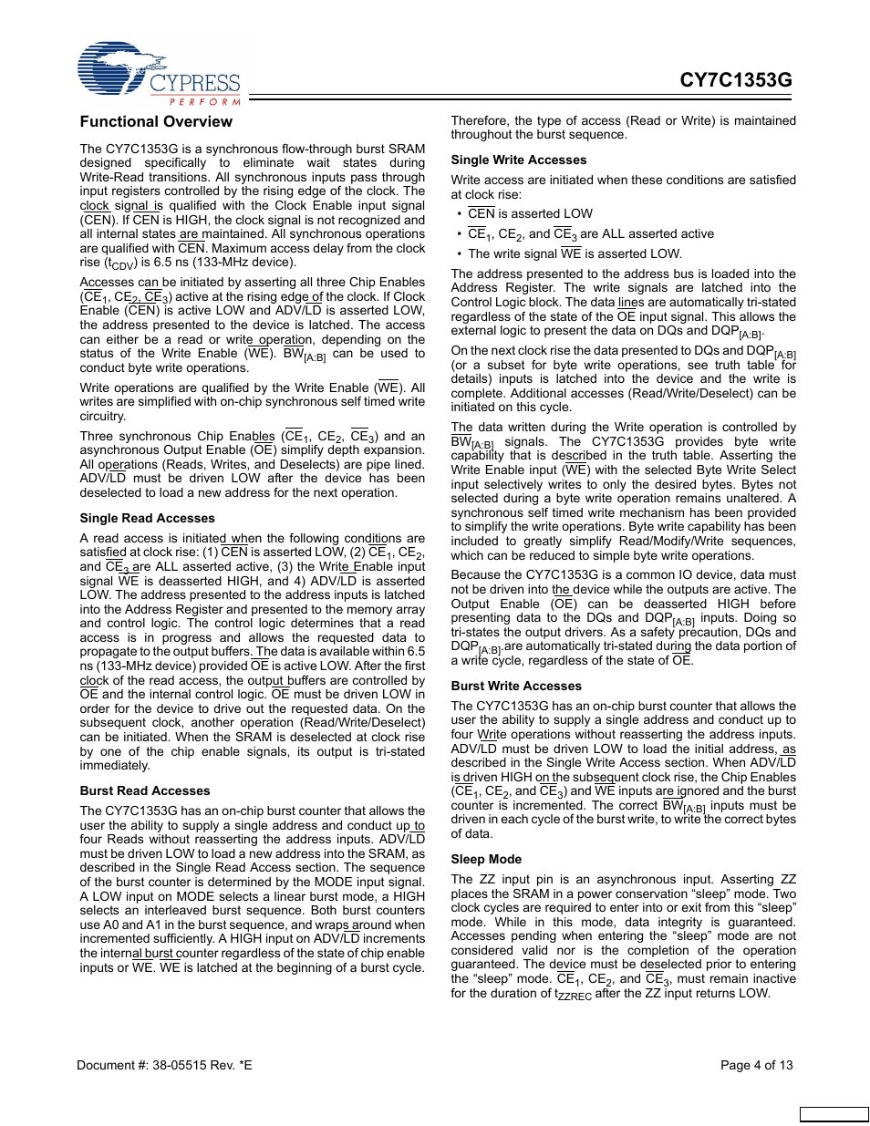 Functional overview | Cypress CY7C1353G User Manual | Page 4 / 13