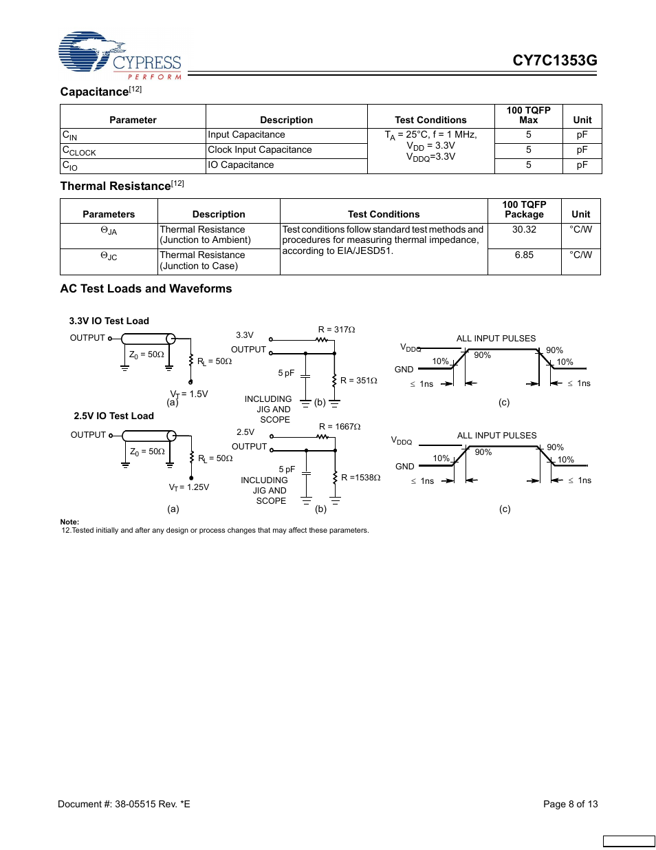 Capacitance, Thermal resistance, Ac test loads and waveforms | Cypress CY7C1353G User Manual | Page 8 / 13