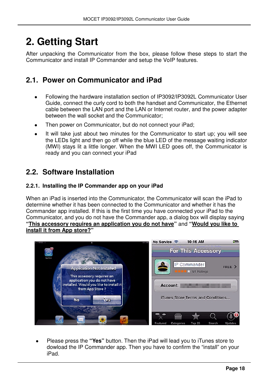 Getting start, Power on communicator and ipad, Software installation | MOCET IP3092 User Manual | Page 18 / 68