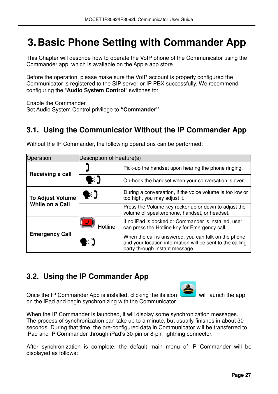 Basic phone setting with commander app, Using the ip commander app | MOCET IP3092 User Manual | Page 27 / 68