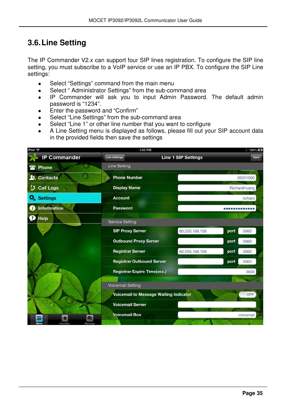 Line setting | MOCET IP3092 User Manual | Page 35 / 68