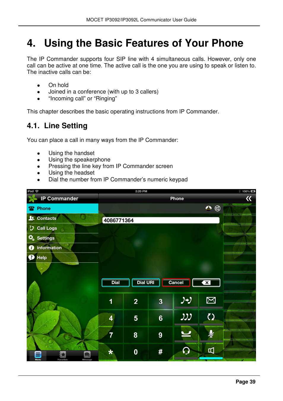 Using the basic features of your phone, Line setting | MOCET IP3092 User Manual | Page 39 / 68