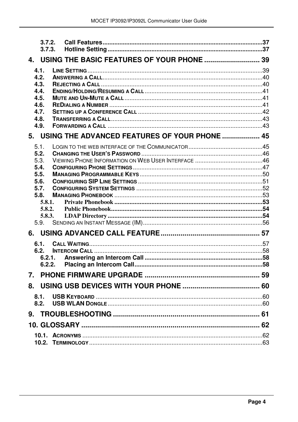 Using the basic features of your phone, Using the advanced features of your phone, Using advanced call feature | Phone firmware upgrade, Using usb devices with your phone, Troubleshooting, Glossary | MOCET IP3092 User Manual | Page 4 / 68