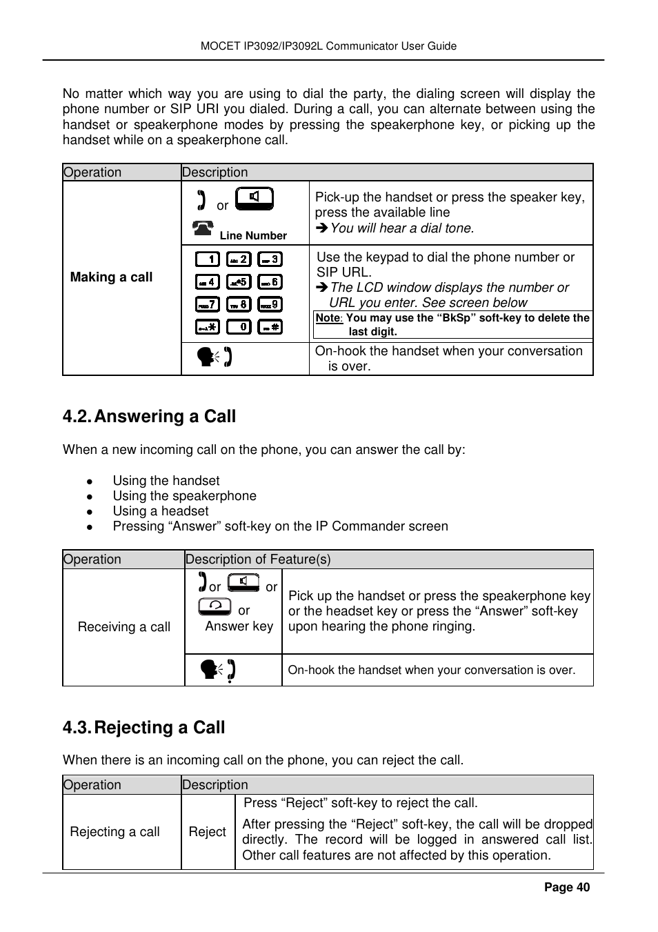 Answering a call, Rejecting a call | MOCET IP3092 User Manual | Page 40 / 68