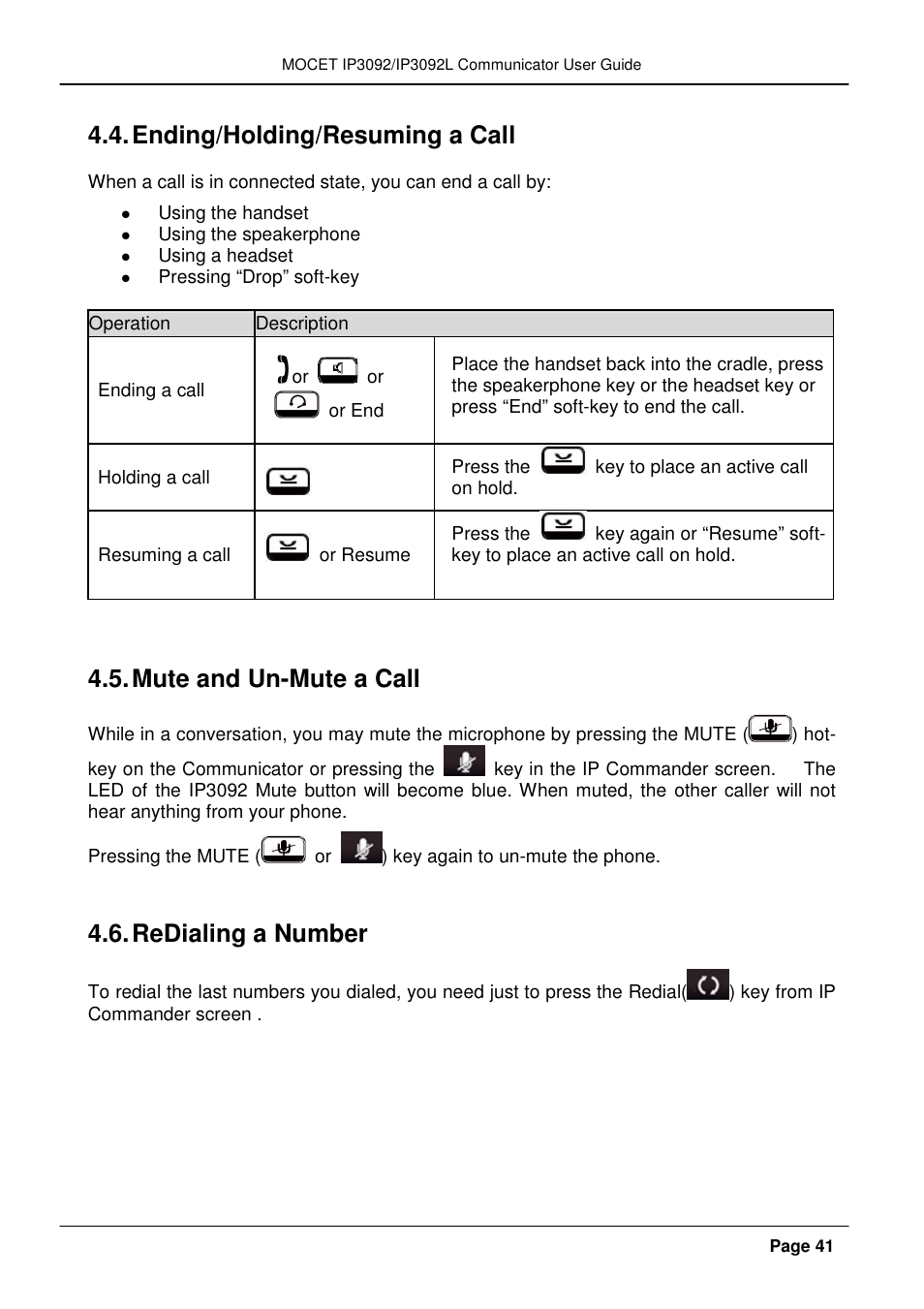 Ending/holding/resuming a call, Mute and un-mute a call, Redialing a number | MOCET IP3092 User Manual | Page 41 / 68