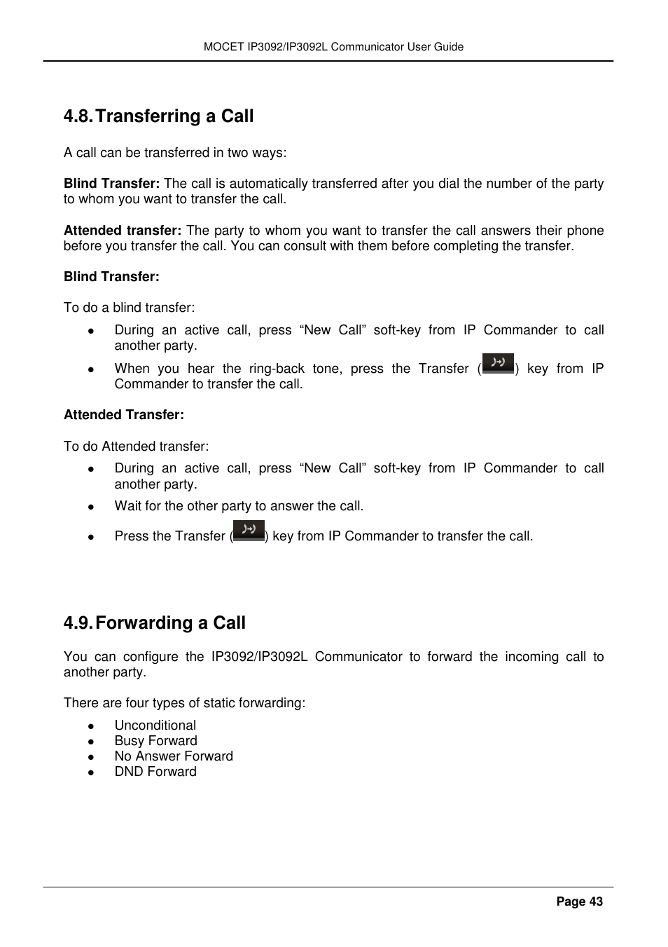 Transferring a call, Forwarding a call | MOCET IP3092 User Manual | Page 43 / 68