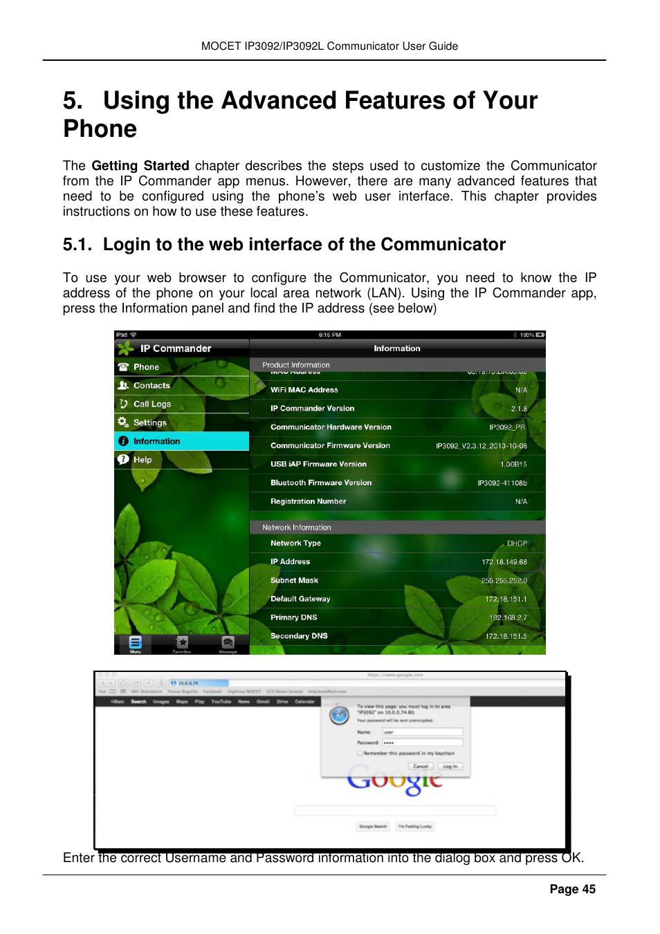 Using the advanced features of your phone, Login to the web interface of the communicator | MOCET IP3092 User Manual | Page 45 / 68