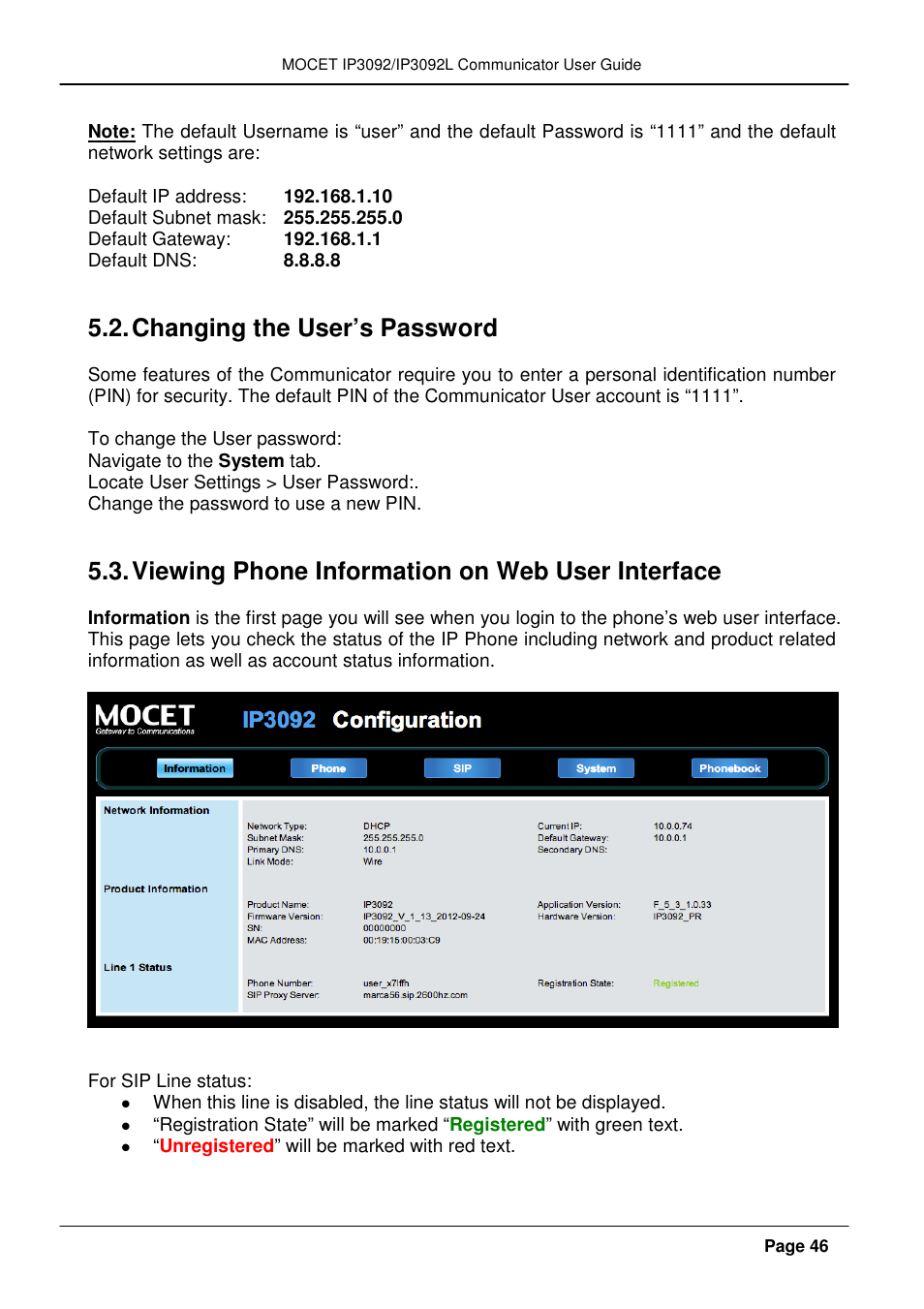 Changing the user’s password, Viewing phone information on web user interface | MOCET IP3092 User Manual | Page 46 / 68