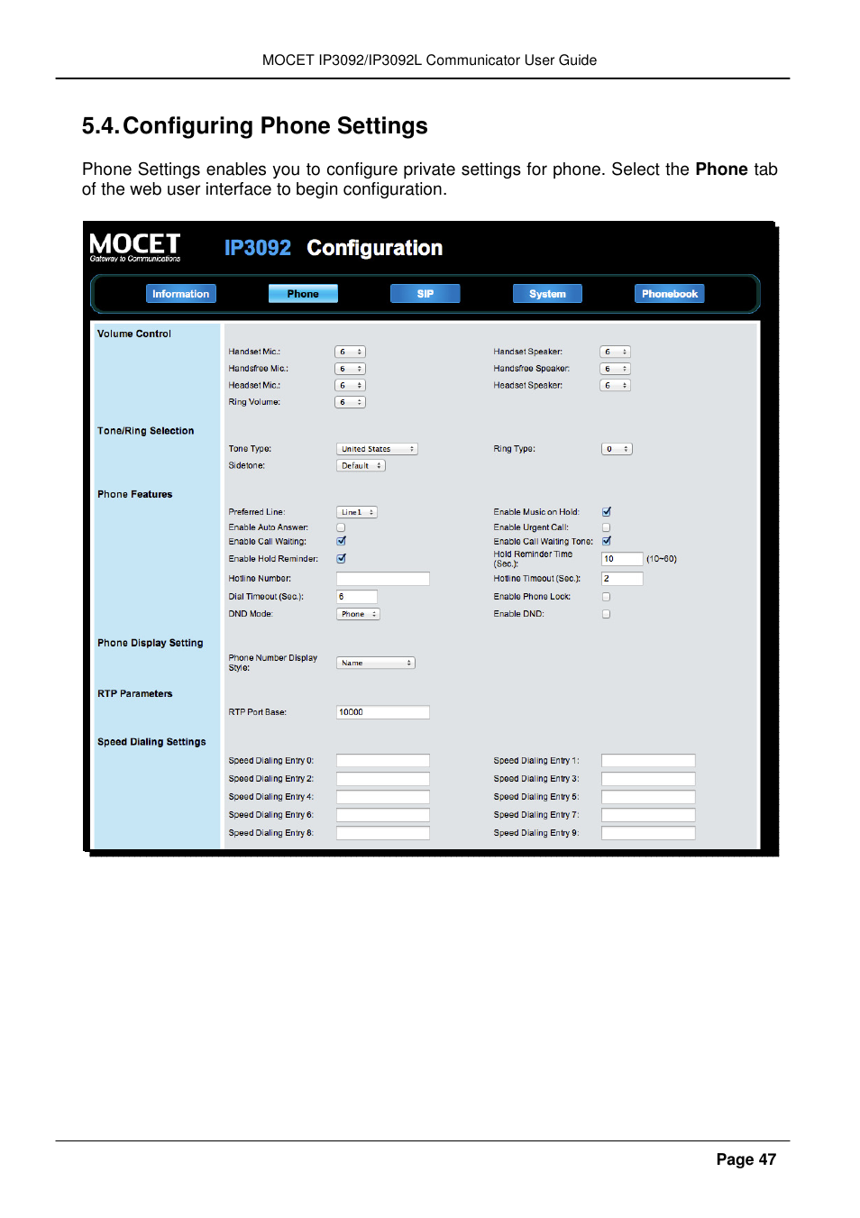 Configuring phone settings | MOCET IP3092 User Manual | Page 47 / 68