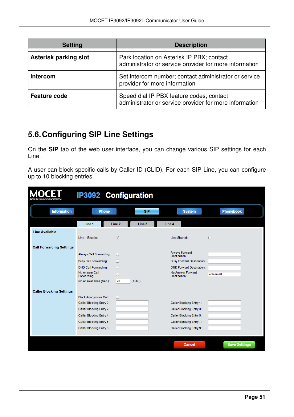 Configuring sip line settings | MOCET IP3092 User Manual | Page 51 / 68