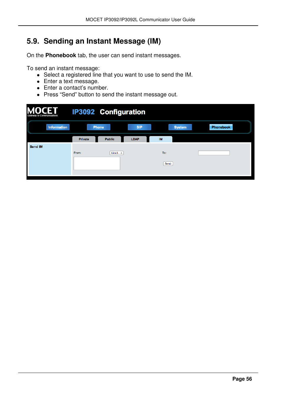 Sending an instant message (im) | MOCET IP3092 User Manual | Page 56 / 68