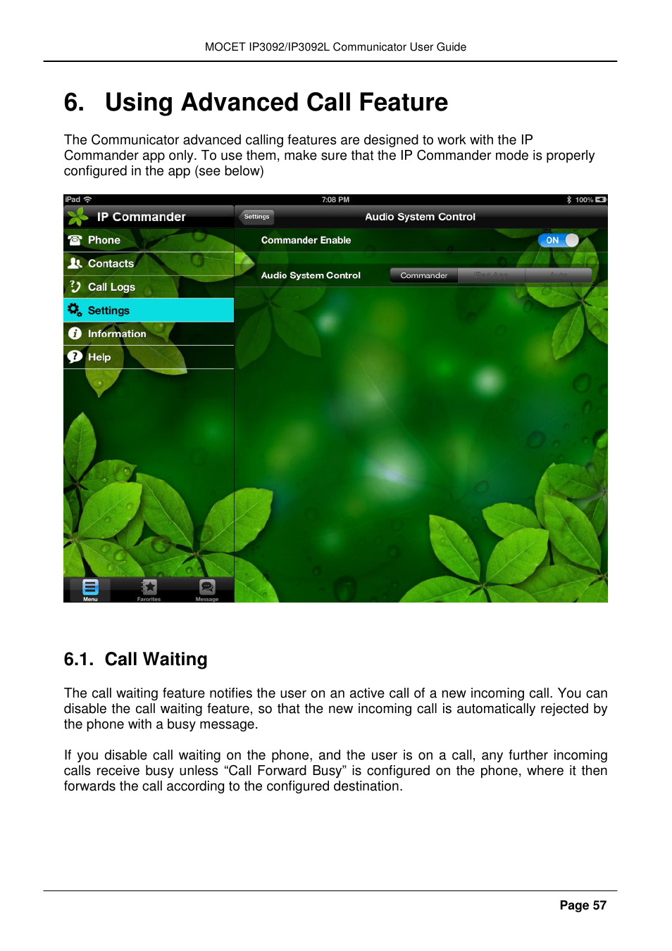 Using advanced call feature, Call waiting | MOCET IP3092 User Manual | Page 57 / 68