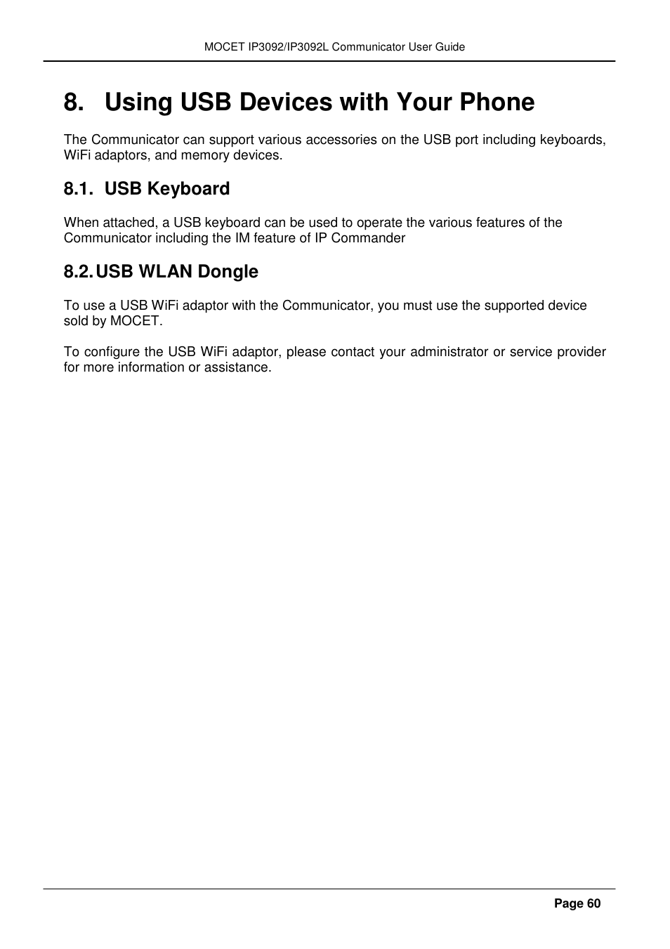 Using usb devices with your phone, Usb keyboard, Usb wlan dongle | MOCET IP3092 User Manual | Page 60 / 68