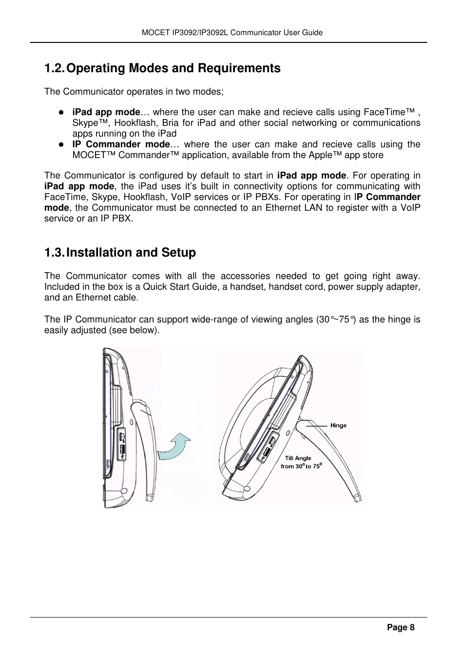 Operating modes and requirements, Installation and setup | MOCET IP3092 User Manual | Page 8 / 68