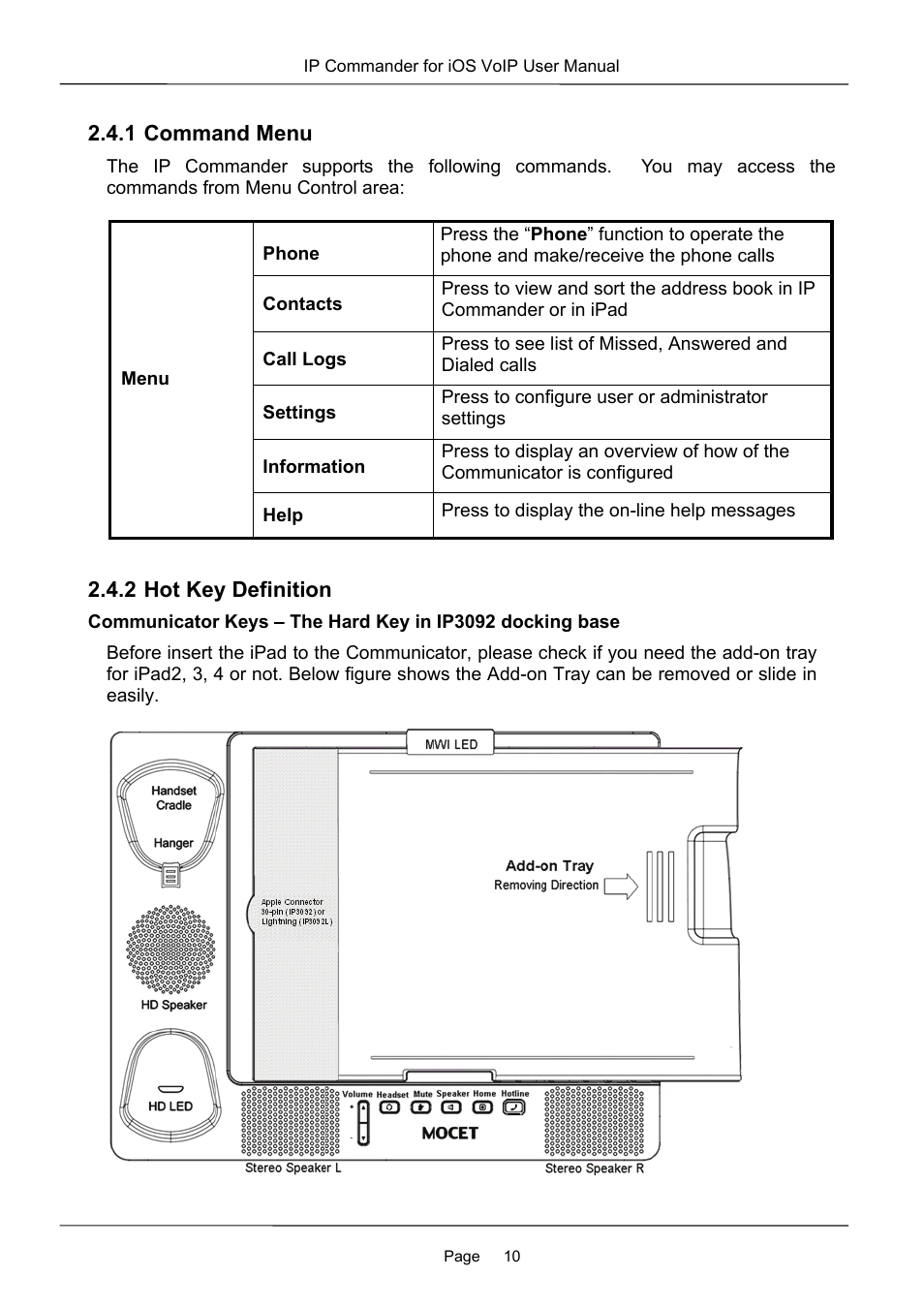 1 command menu, 2 hot key definition | MOCET IP Commander User Manual | Page 10 / 53
