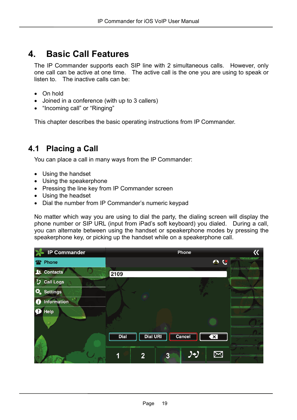 Basic call features, 1 placing a call | MOCET IP Commander User Manual | Page 19 / 53