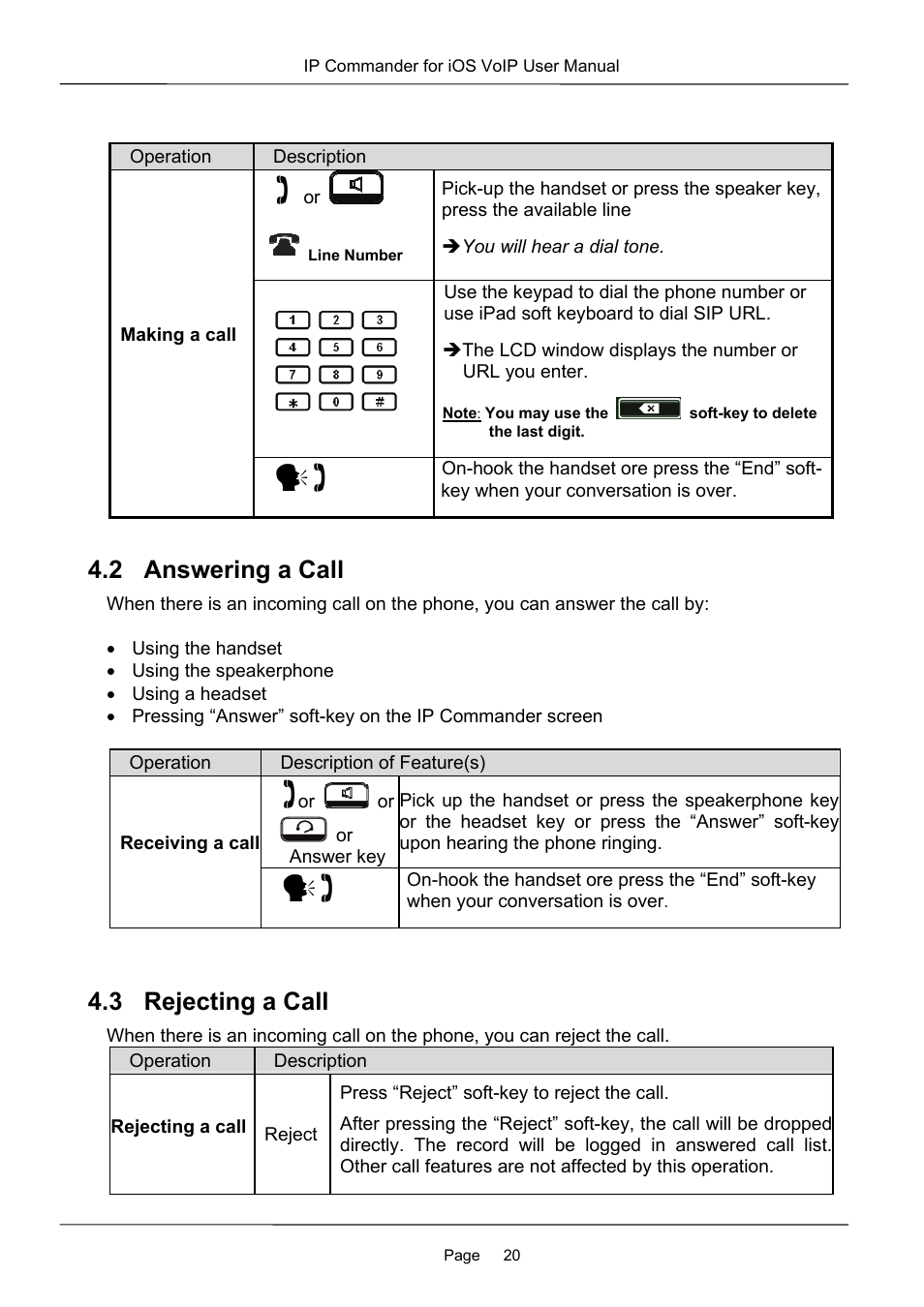 2 answering a call, 3 rejecting a call | MOCET IP Commander User Manual | Page 20 / 53