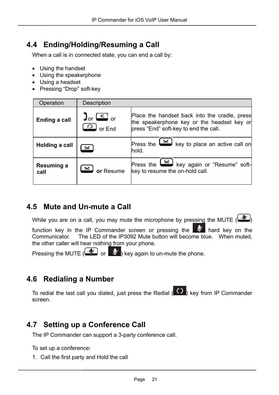 4 ending/holding/resuming a call, 5 mute and un-mute a call, 6 redialing a number | 7 setting up a conference call | MOCET IP Commander User Manual | Page 21 / 53