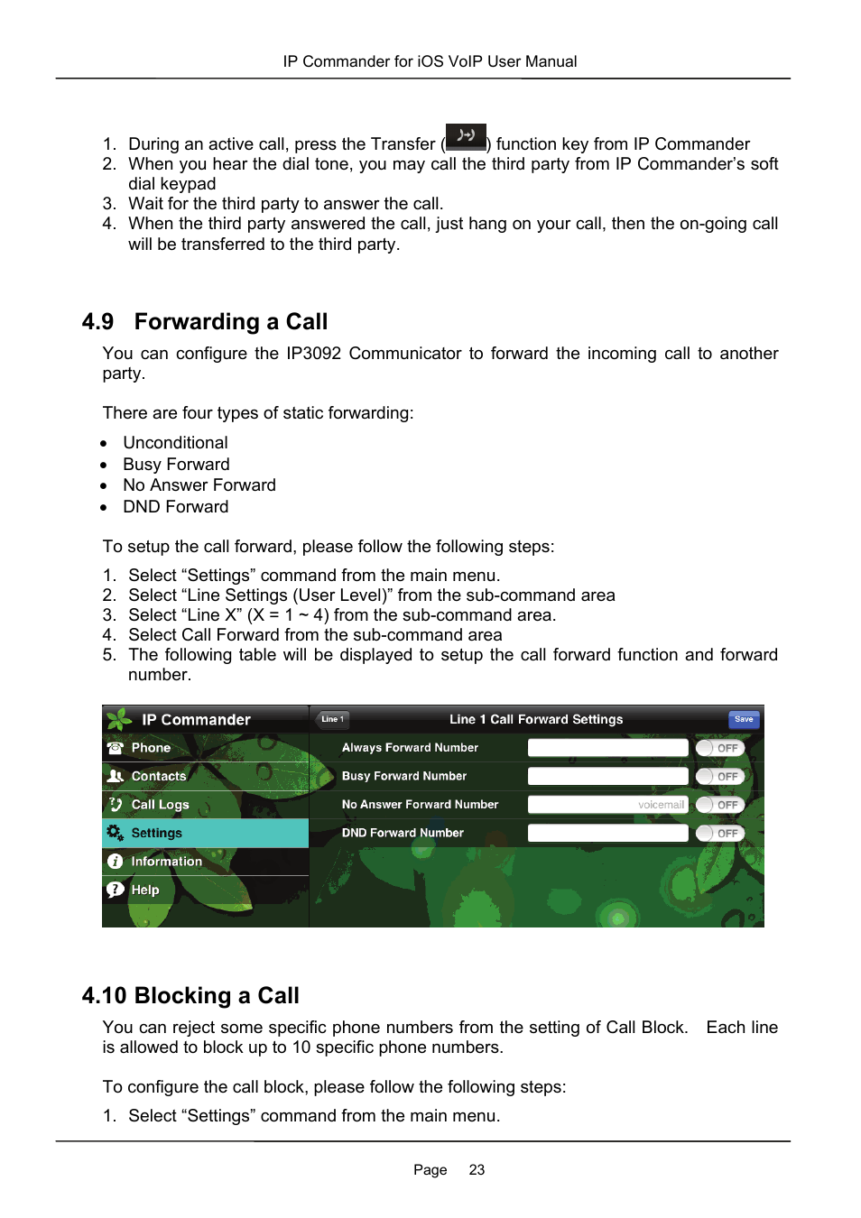 9 forwarding a call, 10 blocking a call | MOCET IP Commander User Manual | Page 23 / 53