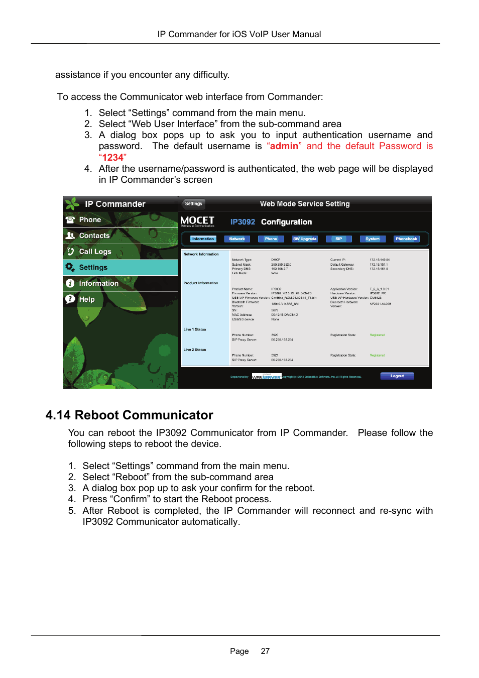 14 reboot communicator | MOCET IP Commander User Manual | Page 27 / 53