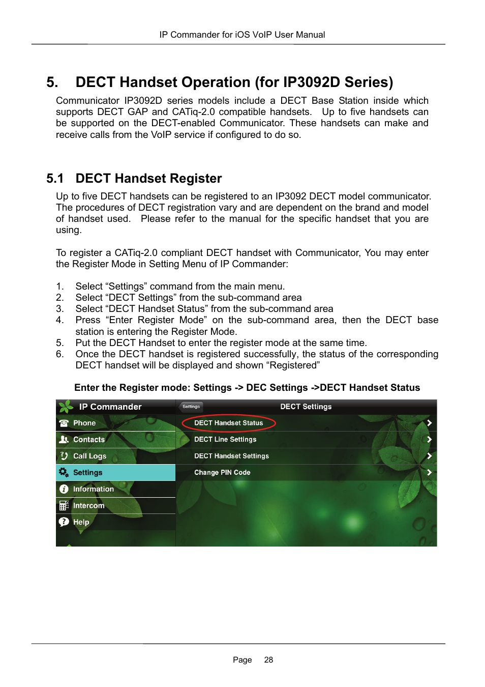 Dect handset operation (for ip3092d series), 1 dect handset register | MOCET IP Commander User Manual | Page 28 / 53