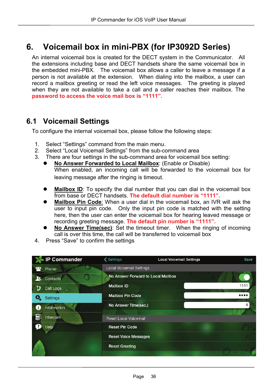 Voicemail box in mini-pbx (for ip3092d series), 1 voicemail settings | MOCET IP Commander User Manual | Page 36 / 53