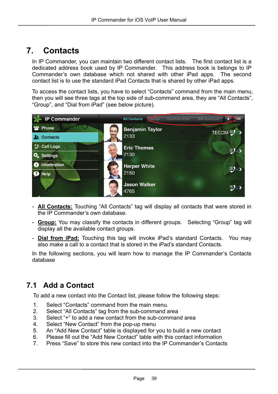 Contacts, 1 add a contact | MOCET IP Commander User Manual | Page 39 / 53