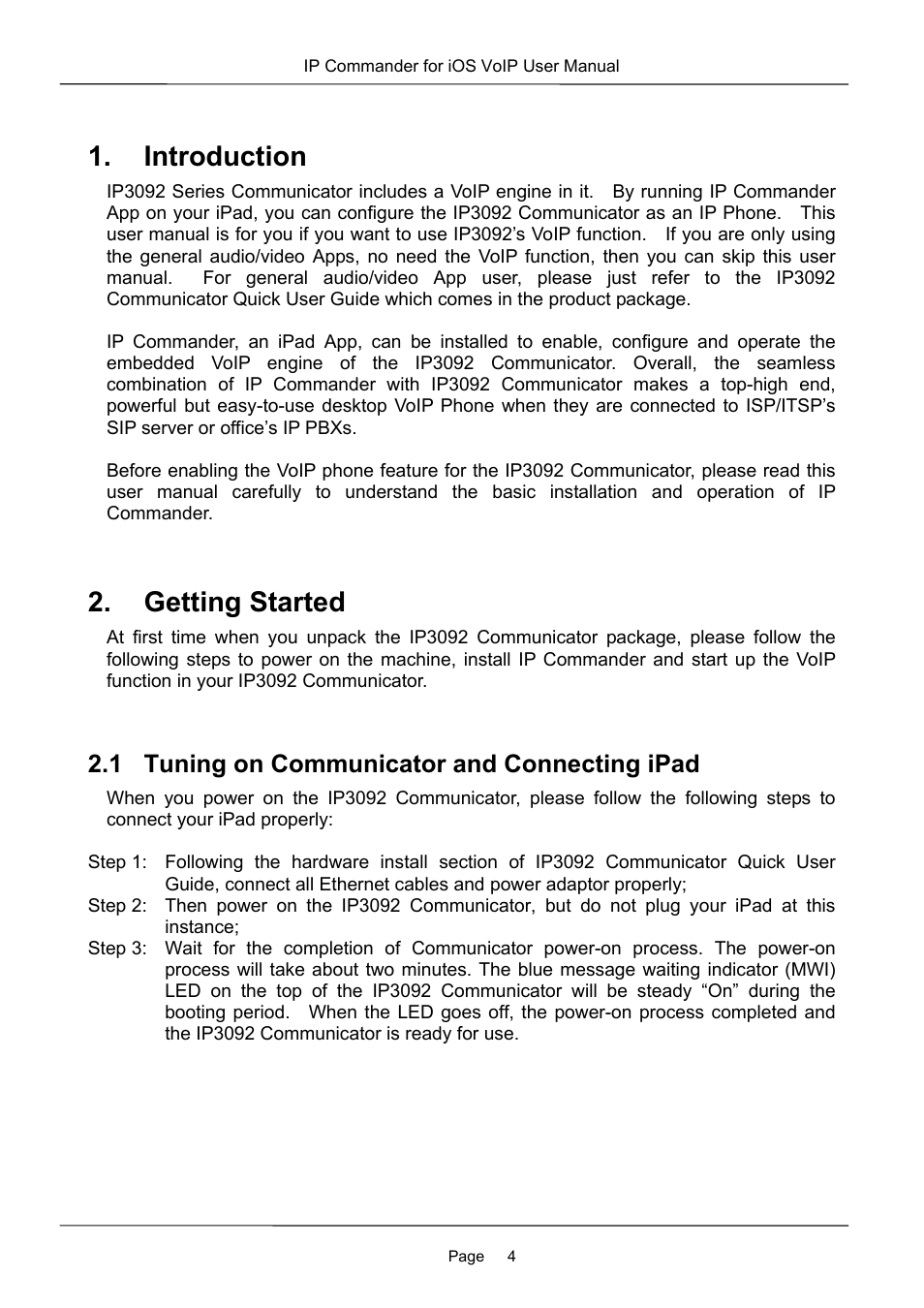 Introduction, Getting started, 1 tuning on communicator and connecting ipad | MOCET IP Commander User Manual | Page 4 / 53
