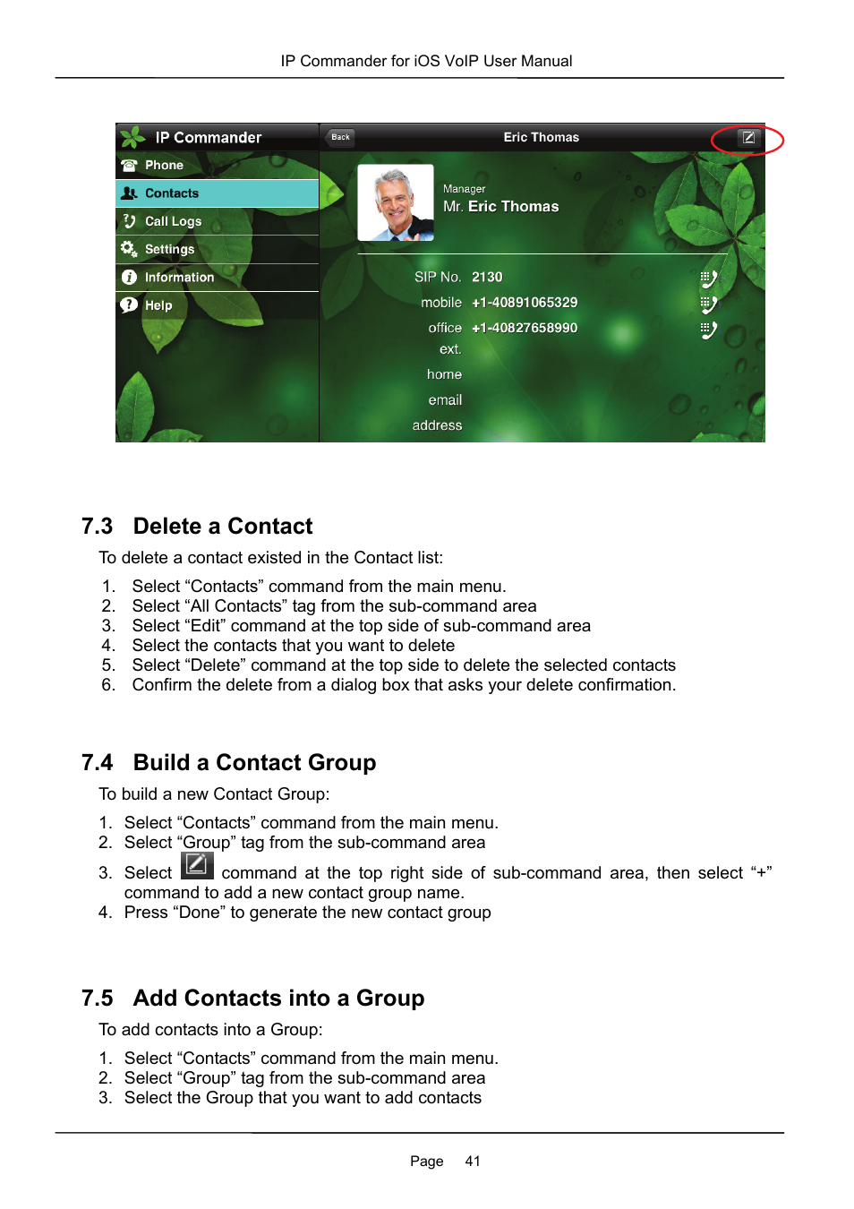 3 delete a contact, 4 build a contact group, 5 add contacts into a group | MOCET IP Commander User Manual | Page 41 / 53