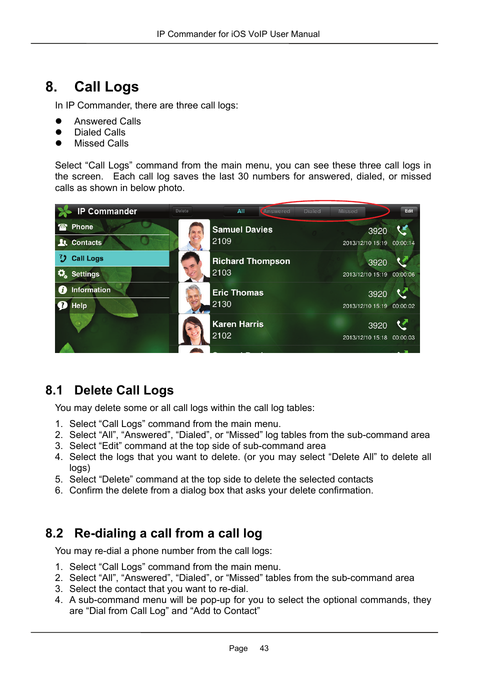 Call logs, 1 delete call logs, 2 re-dialing a call from a call log | MOCET IP Commander User Manual | Page 43 / 53