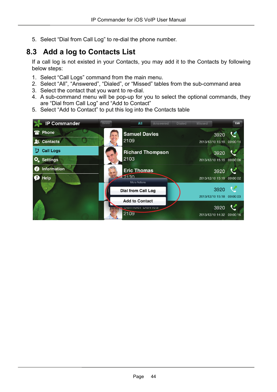 3 add a log to contacts list | MOCET IP Commander User Manual | Page 44 / 53