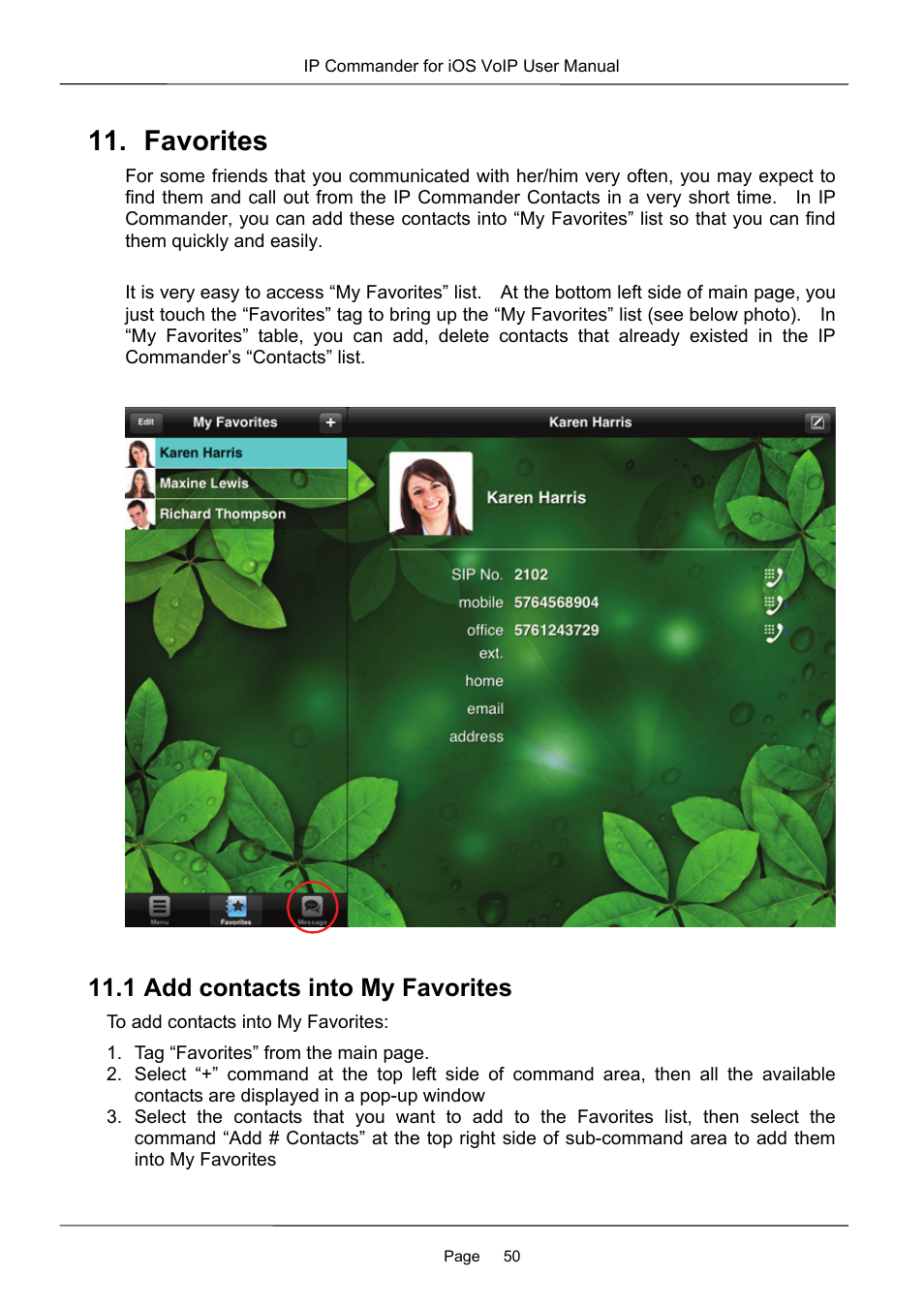 Favorites, 1 add contacts into my favorites | MOCET IP Commander User Manual | Page 50 / 53