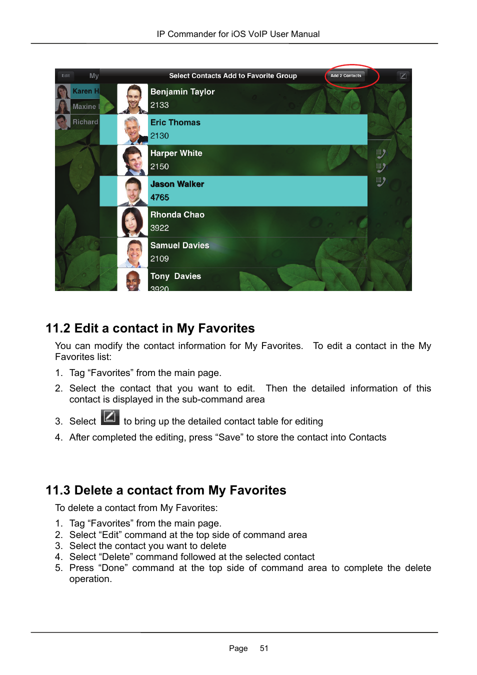 2 edit a contact in my favorites, 3 delete a contact from my favorites | MOCET IP Commander User Manual | Page 51 / 53