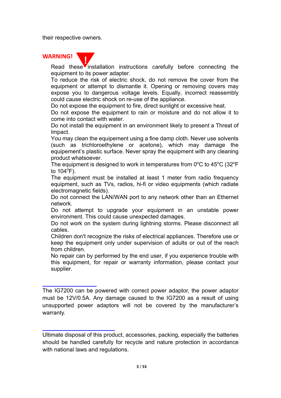 Warning | MOCET IG7200 User Manual | Page 3 / 53