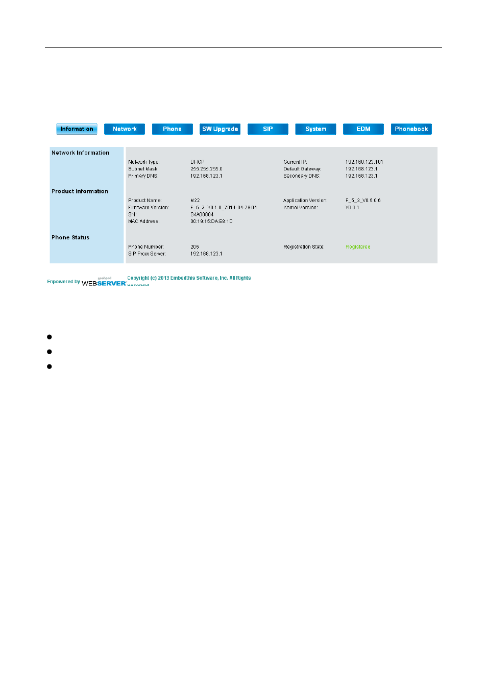 Configuration pages, Information page | MOCET M22 User Manual | Page 73 / 99