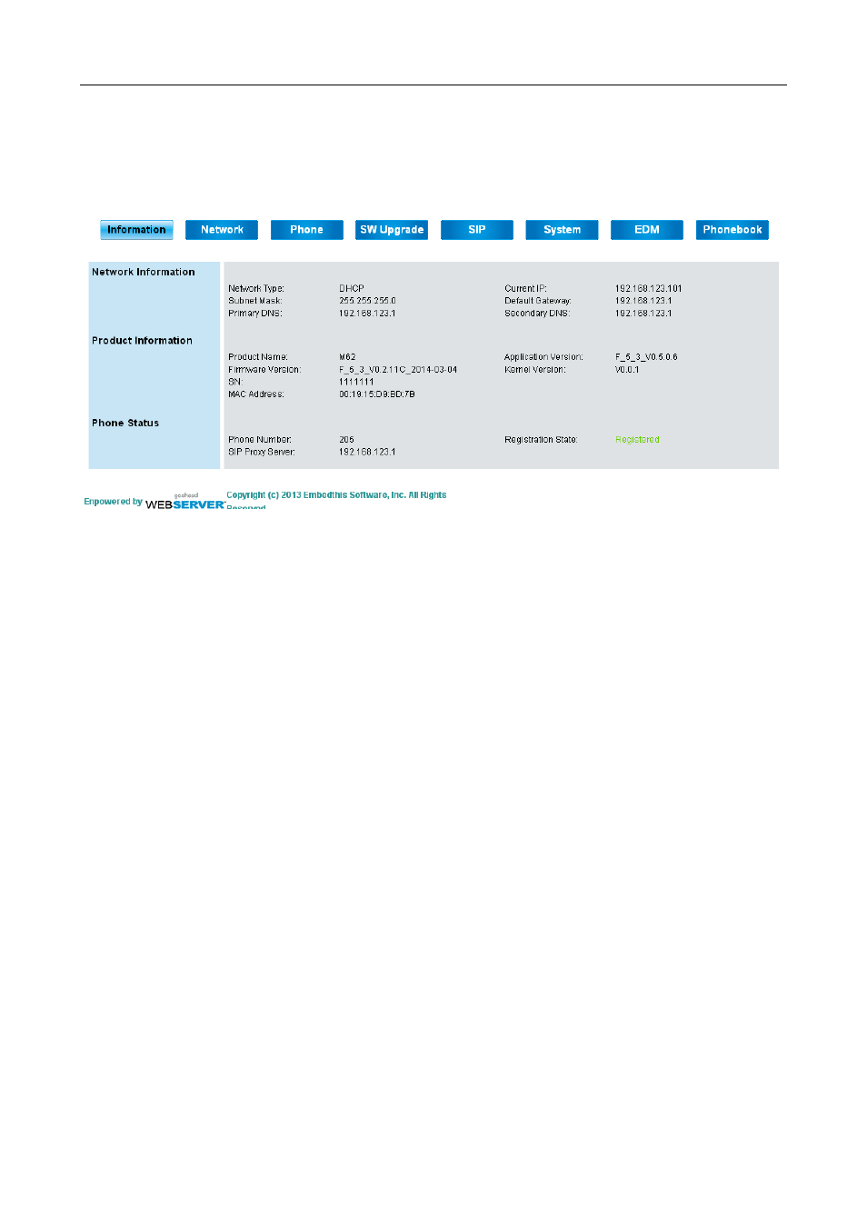 Configuration pages, Information page | MOCET M62 User Manual | Page 74 / 100