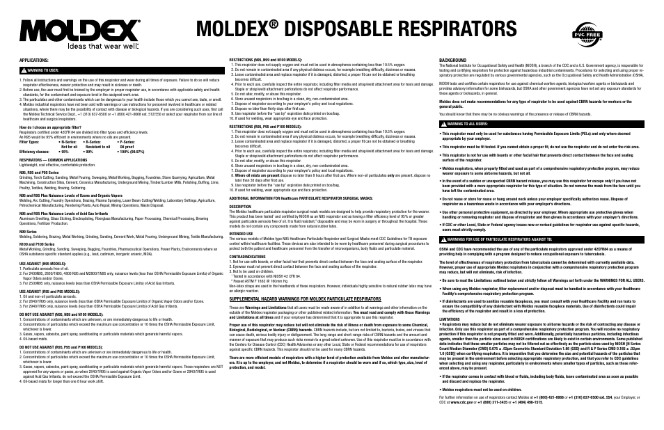 Moldex Respirator Warnings User Manual | 2 pages