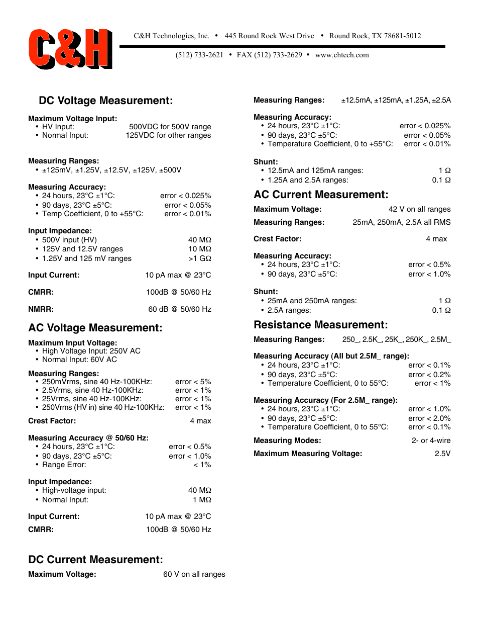Dc voltage measurement, Ac voltage measurement, Dc current measurement | Ac current measurement, Resistance measurement | C&H Technologies PX454S User Manual | Page 2 / 2