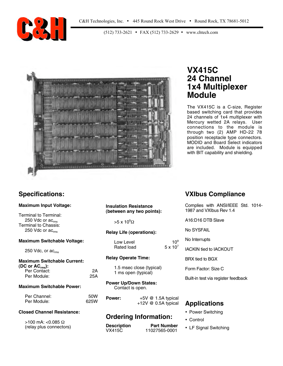C&H Technologies 24 Channel 1x4 Multiplexer Module VX415C User Manual | 1 page
