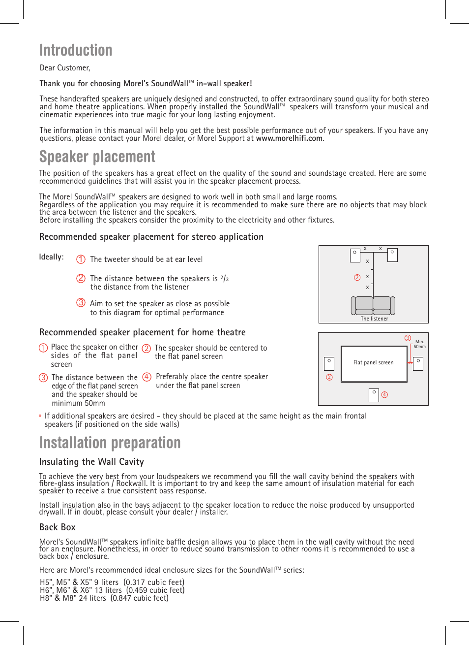 Introduction speaker placement, Installation preparation, Insulating the wall cavity | Back box, Recommended speaker placement for home theatre | Morel SoundWal X Series User Manual | Page 2 / 4