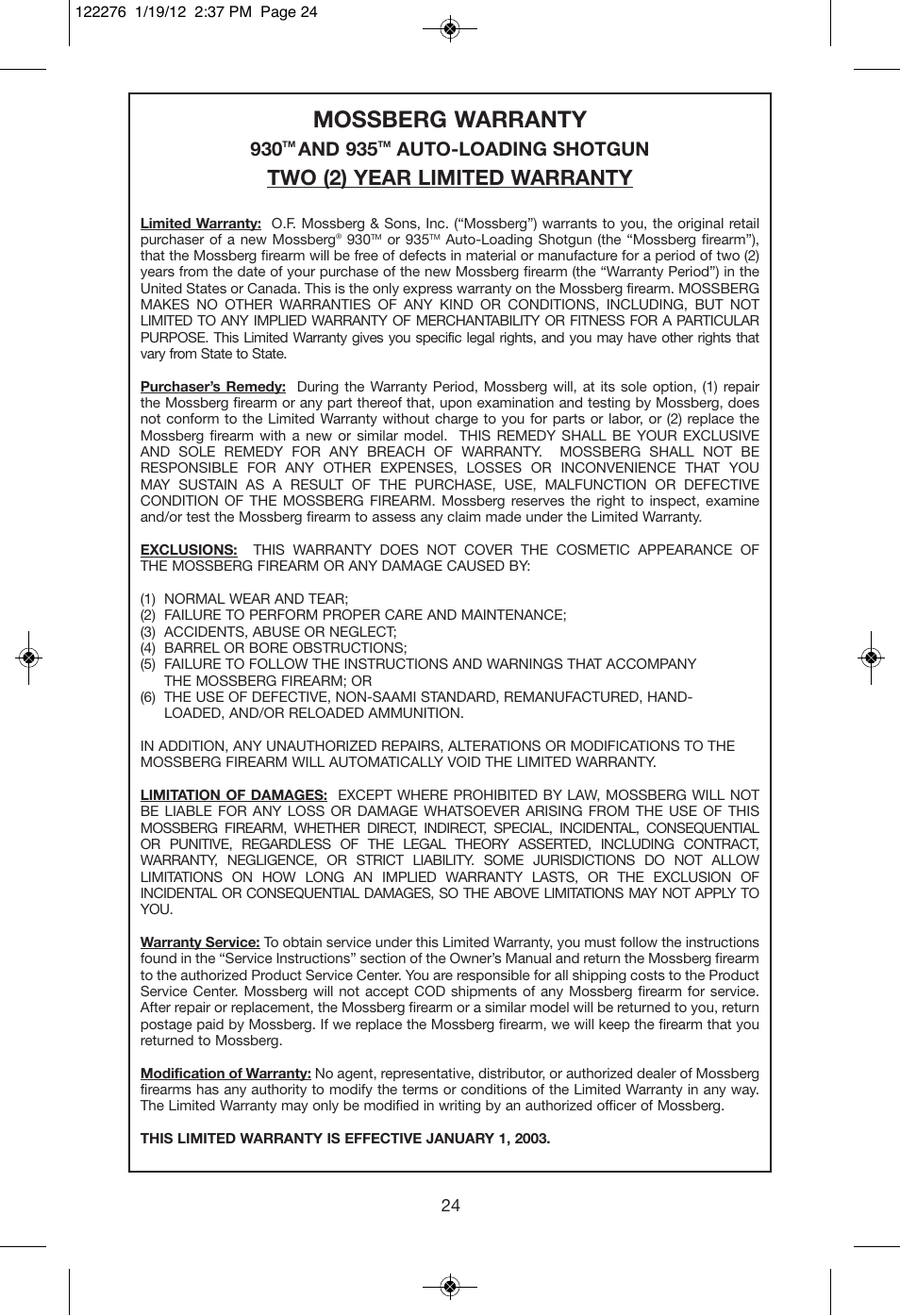 Mossberg warranty, Two (2) year limited warranty, And 935 | Auto-loading shotgun | Mossberg 935 Magnu User Manual | Page 26 / 32