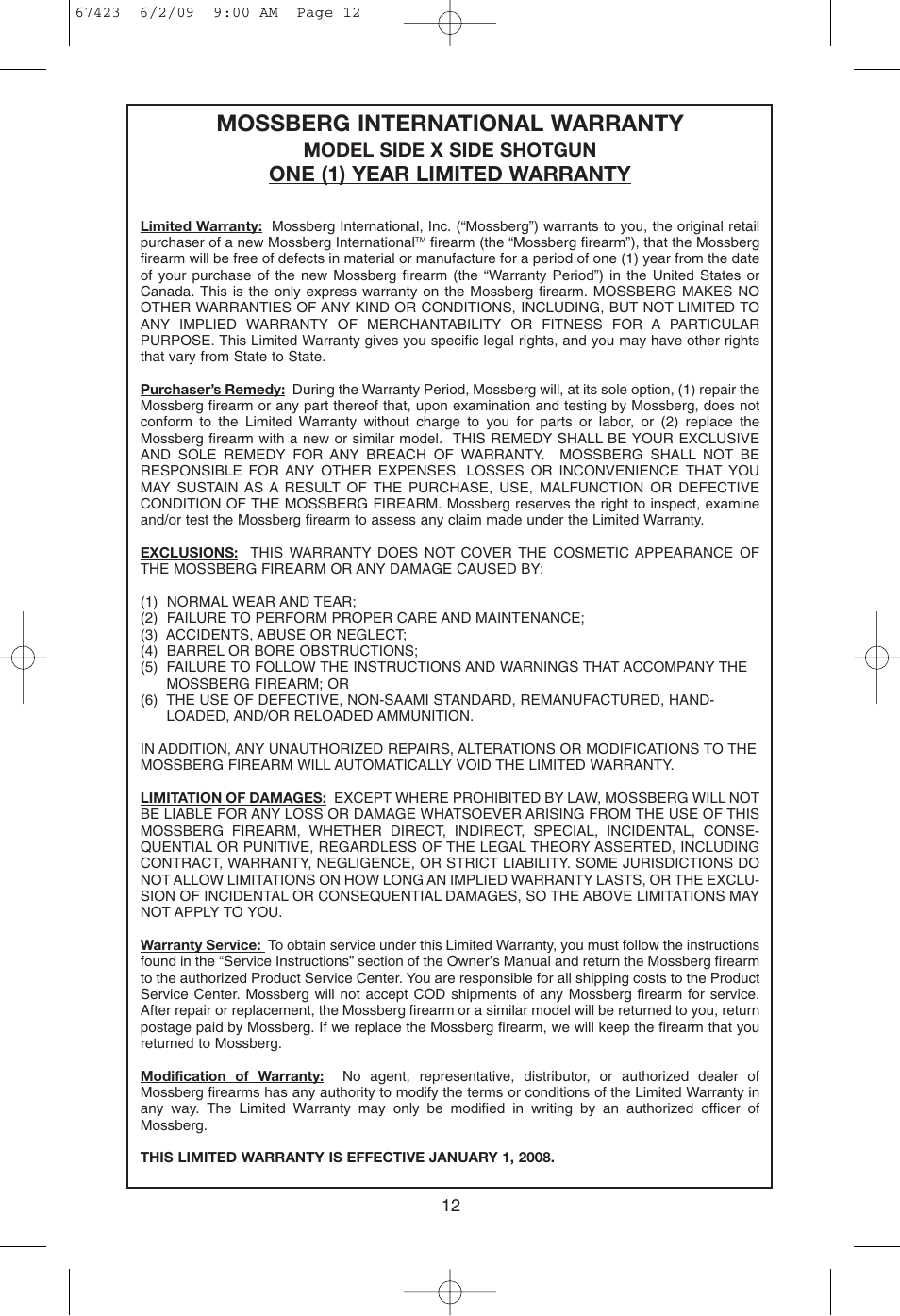 Mossberg international warranty, One (1) year limited warranty, Model side x side shotgun | Mossberg Silver Reserve Serie Side/Side User Manual | Page 14 / 20