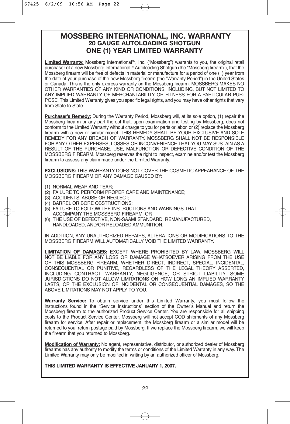 Mossberg international, inc. warranty, One (1) year limited warranty, 20 gauge autoloading shotgun | Mossberg International SA-2 User Manual | Page 22 / 28